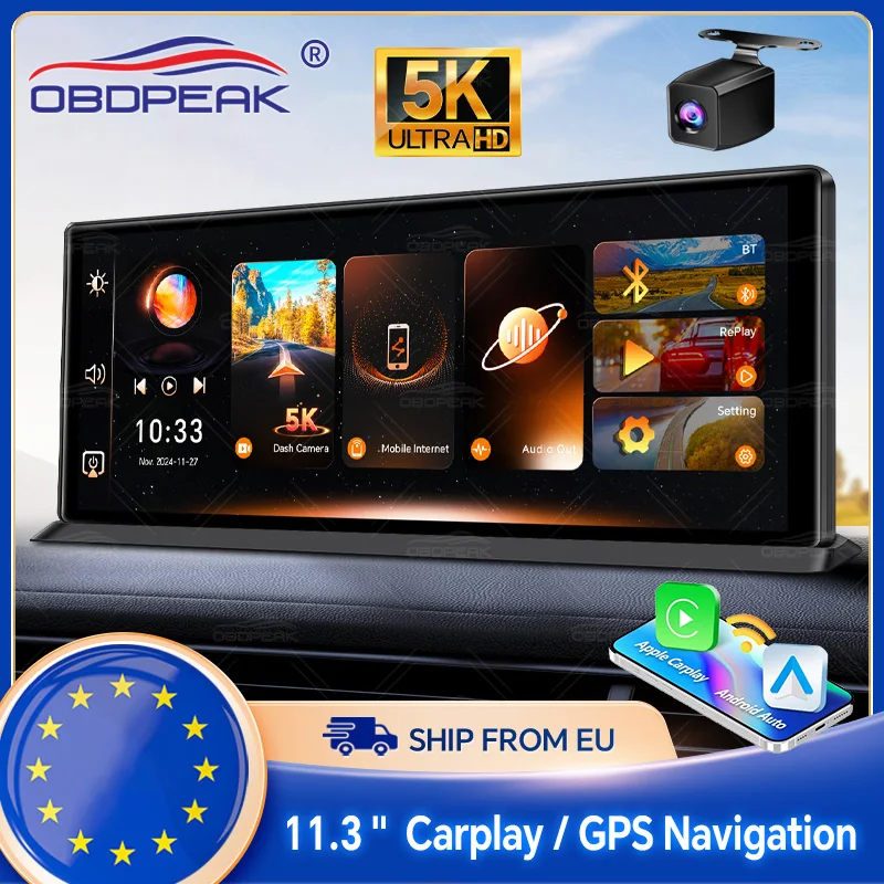 OBDPEAK K8 Pro 11.3" 5K QLED Caméra embarquée sans fil CarPlay & Android Auto ADAS avec WiFi, AUX, GPS, Enregistrement en boucle