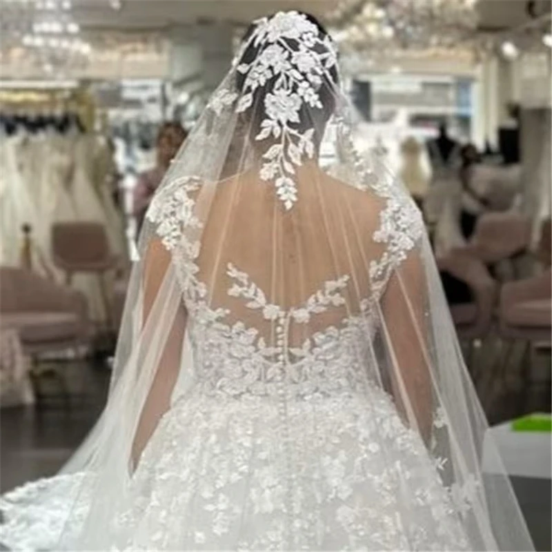 Wedding Accessories Full Lace Edge Mantilla Wedding Bridal Veils Cathedral Long Embroidered Tulle Floral Flowers Leaves