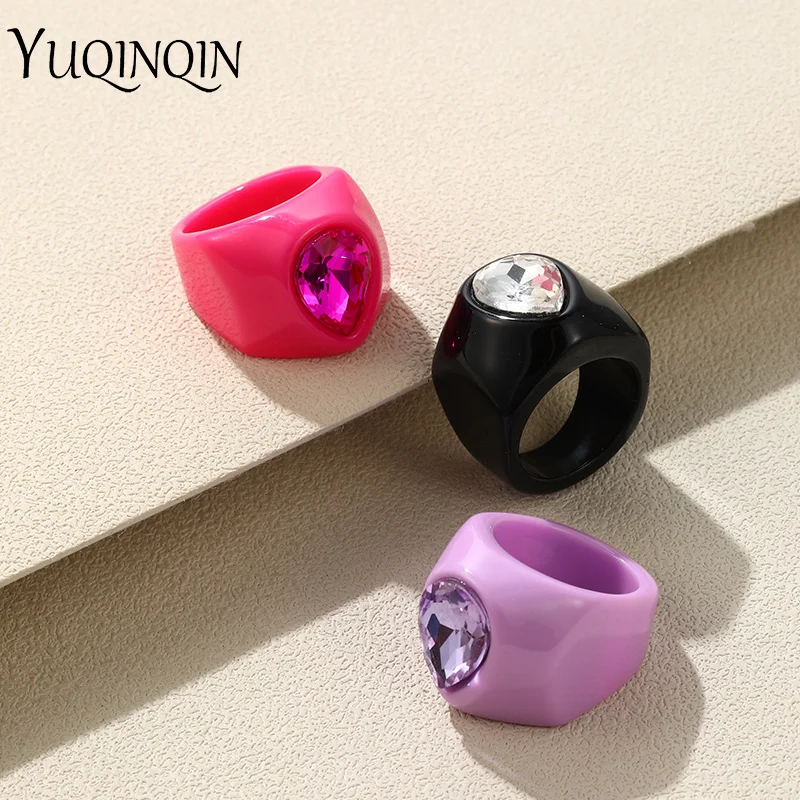 Vintage Resin Acrylic Rhinestone Rings Set For Women Geometric Big Luxury Finger Rings Female Trendy Punk Goth Exaggerated Gifts