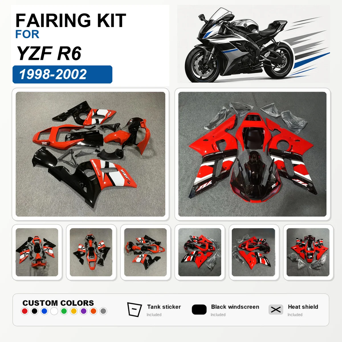 For YZF R6 1998-2002 Motorcycle Fairing Kit Injection Molded ABS Painted Fairings Bodywork Cowling White Red Black