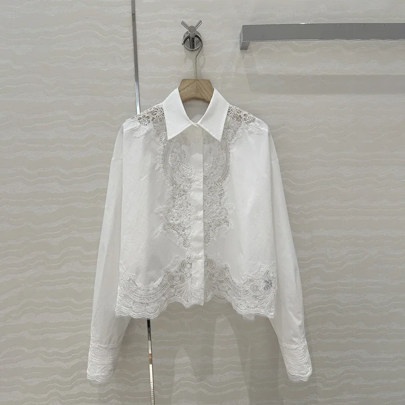 E-S* 2024SS New Lace Embroidery Long Sleeve Shirt Woman's Tops White Luxury Shirts Korean Fashion Women's Clothing