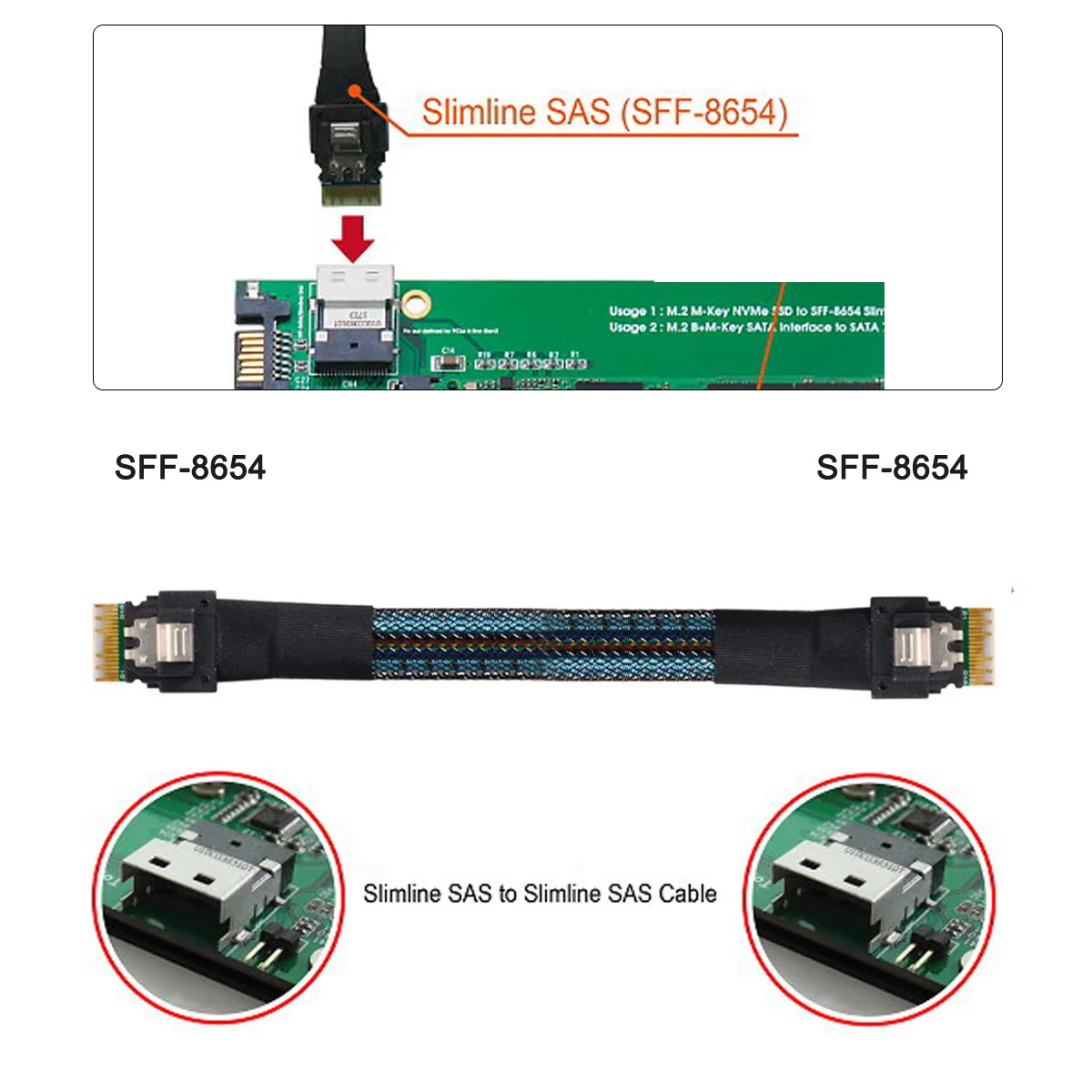 Cabo com Slim SAS para PCI-E Slimline, Host Target, NGFF, 40 pinos, 38Pin, 50cm, NGFF
