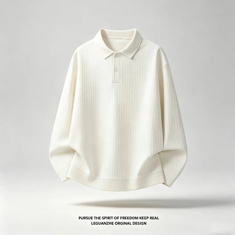 Mens Ribbed Knit Polo Shirt Lapel Collar Long Sleeve Relaxed Cut Button Closure Casual Pullover For Spring Autumn Outing