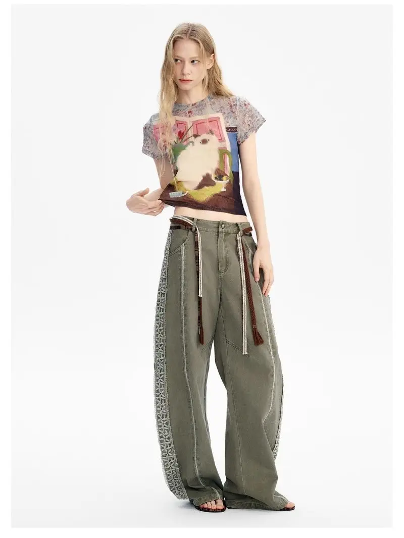 Américain rétro chat imprimé hauts T-shirt femmes mignon T-shirt à manches courtes mince coréen légèrement Transparent maille mince Ins hauts courts