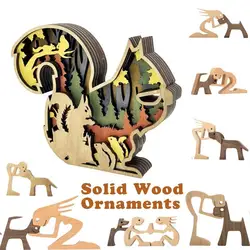 Woodland Animal Figurines Wooden Carving Multi Layer Squirrel Ornaments 3D Desktop Decor Unique Art Sculpture Creative