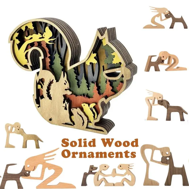 Woodland Animal Figurines Wooden Carving Multi Layer Squirrel Ornaments 3D Desktop Decor Unique Art Sculpture Creative