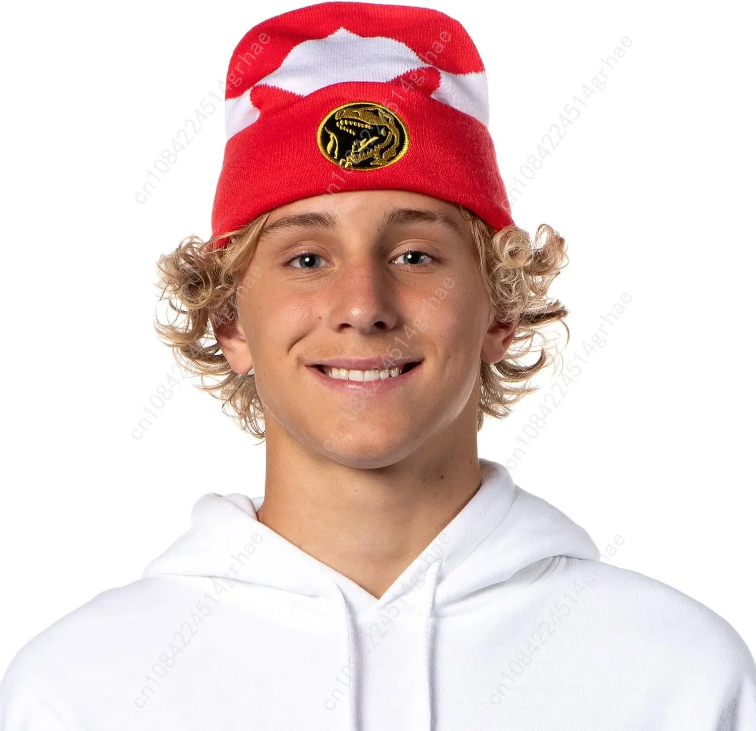 Rote Ranger-Mütze, Mighty Morphin Power Ranger, bestickte Dino-Münze, Strickmanschette, Erwachsenen-Mütze, Wintermütze, OSFM, für Männer und Frauen