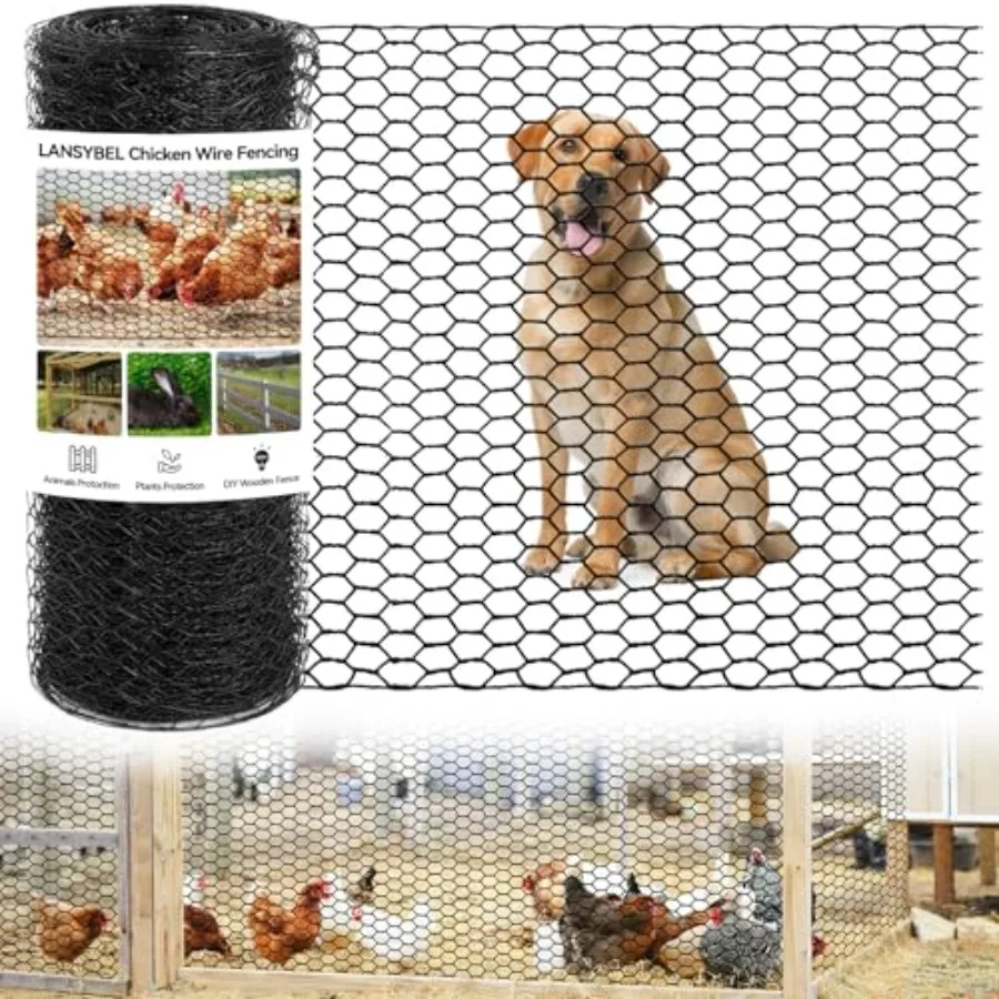 

Garden fence animal barrier: 36in x 150ft black chicken wire, hexagonal galvanized mesh with outdoor anti-rust plastic coating