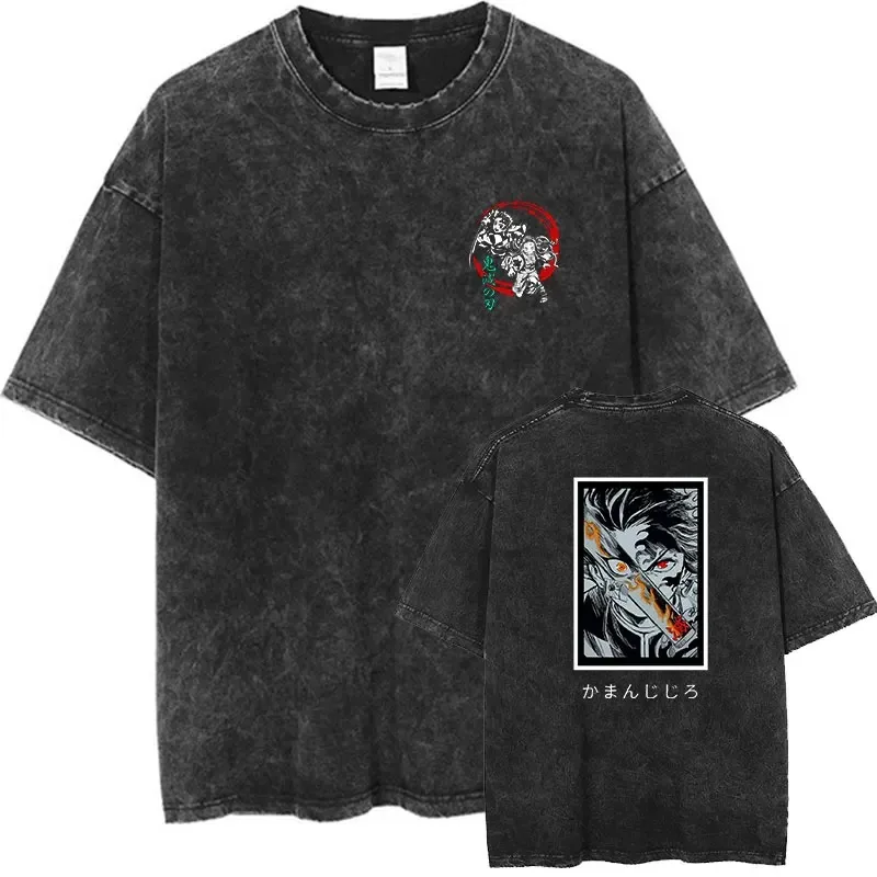 Washed Vintage Demon Slayer Graphic Print Tshirt Women Casual T Shirt Oversized Harajuku T-Shirts Hip Hop Tees Harajuku T-shirts