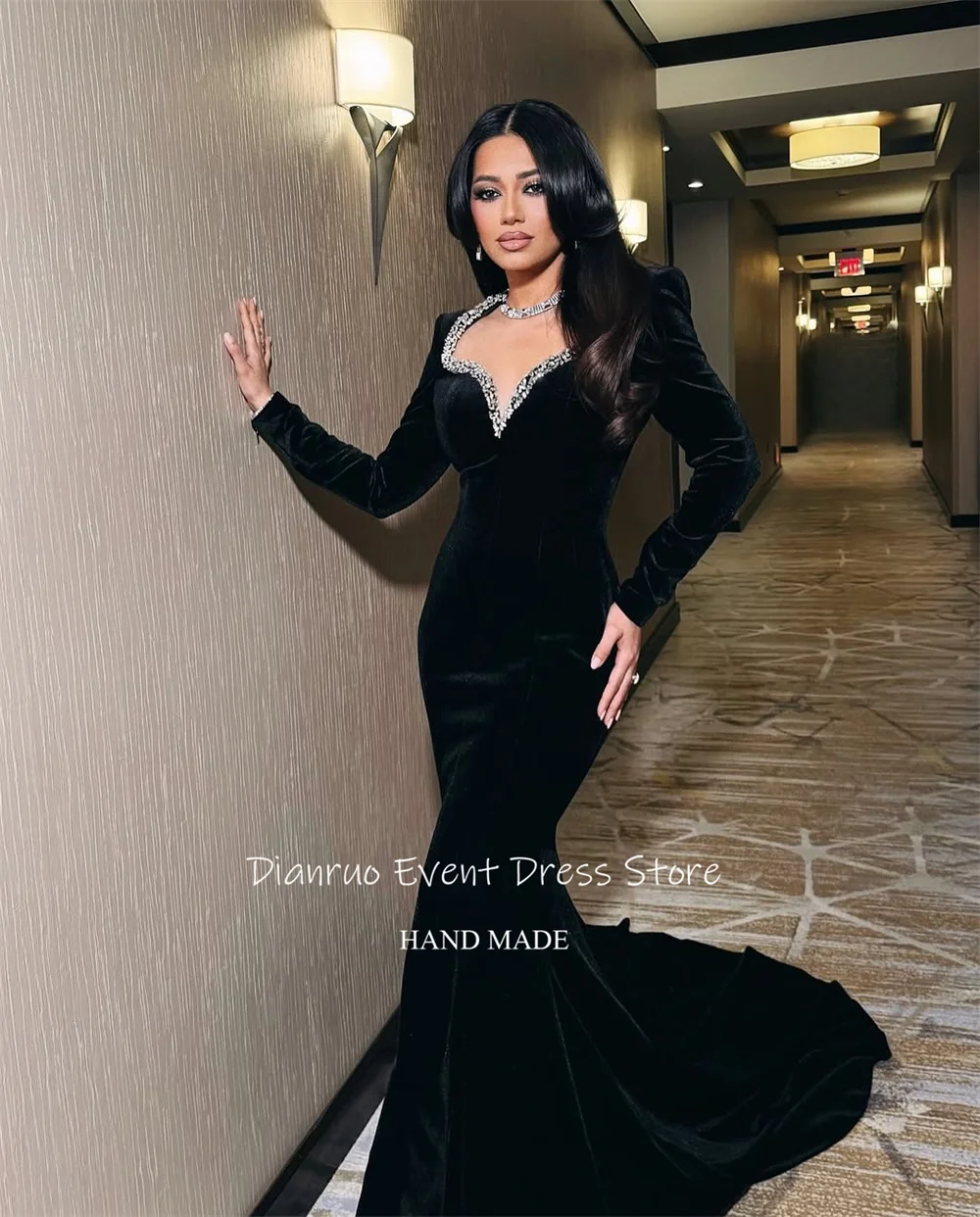 فستان سهرة مخملي براقة من Dianruo على شكل قلب حورية البحر فيستدوس دي فييستا حجر الراين مشذب Abiti Da Cerimonia مخصص