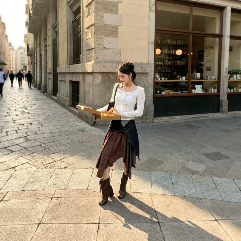 Striped Patchwork Skirt Midi Streetwear with Asymmetrical Hem Utility Regular Thickness Contrast Stitching Autumn Women Skirt