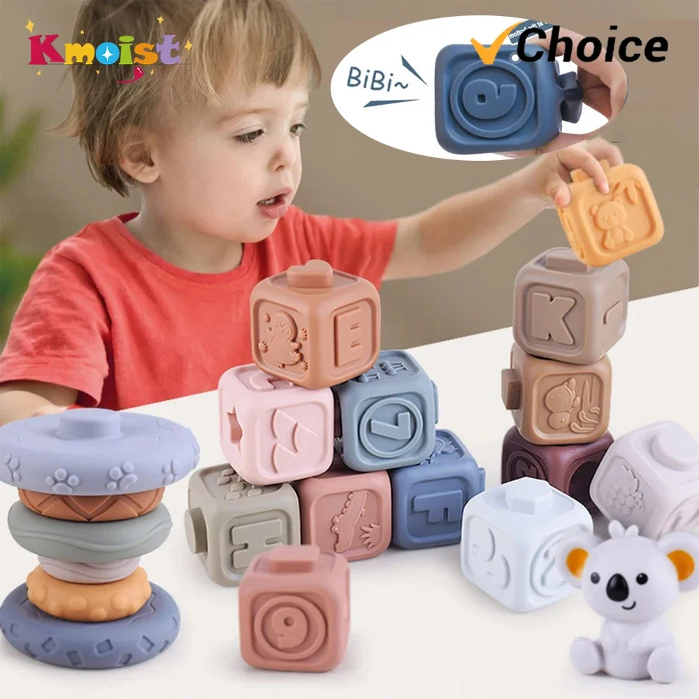 Montessori Educational 3D Block Learning Toys Soft Silicone Cubes Stacking Tower Bath Teether Rattles Children Baby Toy Gifts