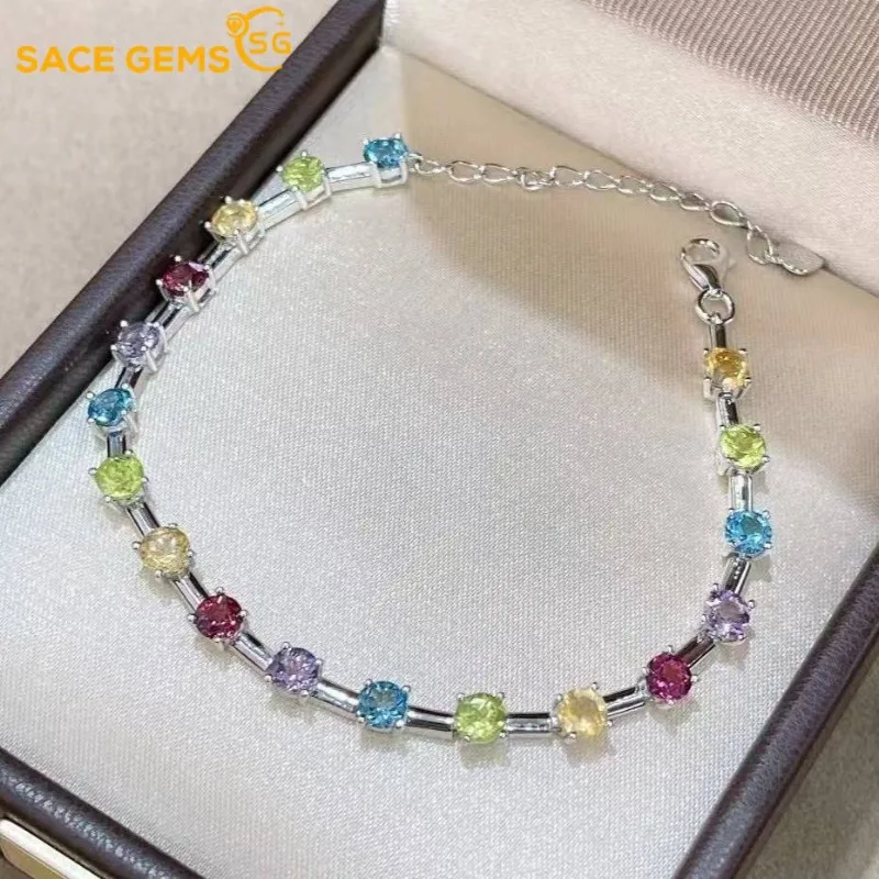 

SACE GEMS Новый Стерлингового Серебра 925 пробы 3*6 мм Натуральный Гранат Топаз Цитрин Перидот Аметист Драгоценные Камни Браслеты для Женщин Изящные Ювелирные Изделия
