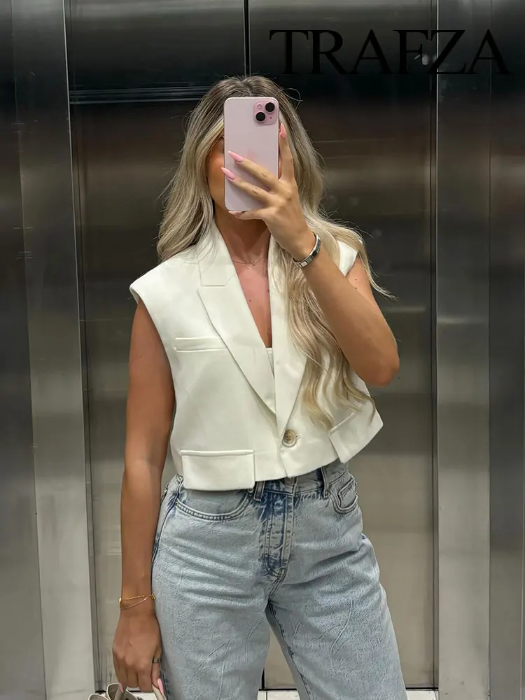 

TRAFZA 2024 Summer Vest For Women Fashion Lapel Sleeveless Loose Short Waistcoat Tops Female Commute Office Lady Women's Top