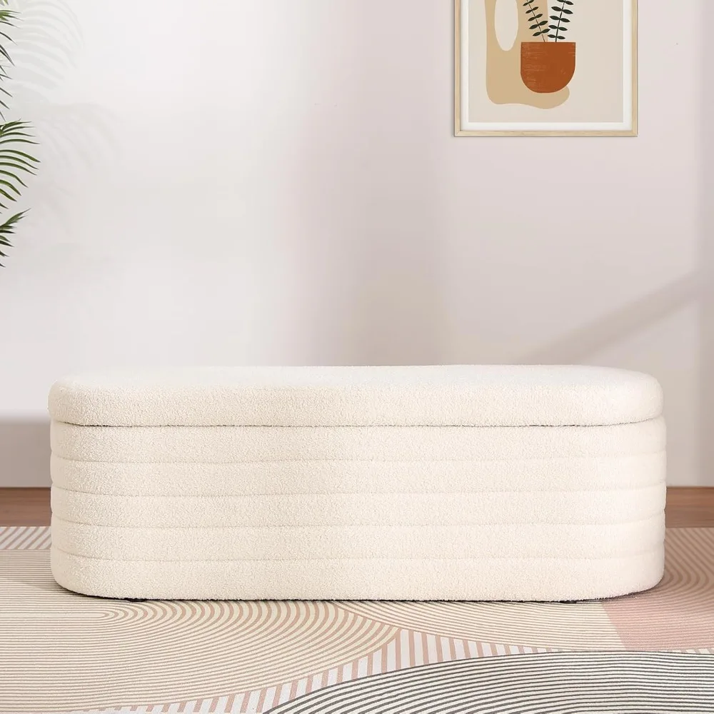 

Storage Ottoman Bench Modern Upholstered Storage Bench Sherpa Window Entryway Bench Oval White Ottoman with Storage