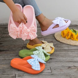 Summer Ladies Handmade Check Print Bows Flip-flops Soft-soled Non-slip Women's Cloud Slippers Travel Vacation Beach Women Shoes