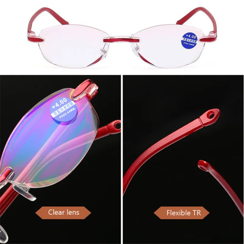 Women's Reading Glasses Anti Blue Light Magnifier Anti Radiation Rimless Presbyopia Glasses +1.0 To +4.0