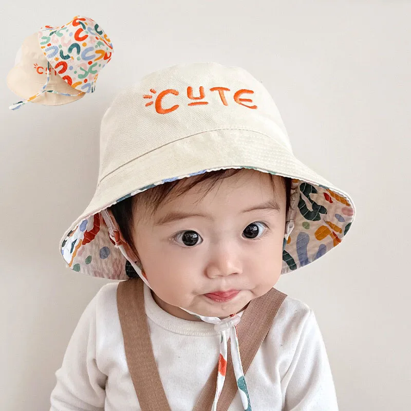 

Baby sun hat double-sided wear fisherman hat basin hat baby sun hat spring and summer models Baby Bucket Cap Double Sided Print