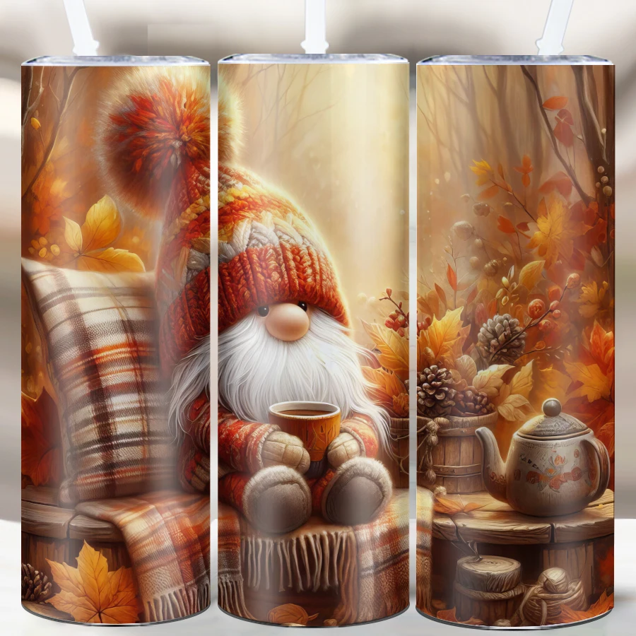 20oz 3D Print Autumn Gnome Tumbler With Straw Lid Stainless Steel Skinny Water Bottles Christmas Party  Family Holiday Tumblers