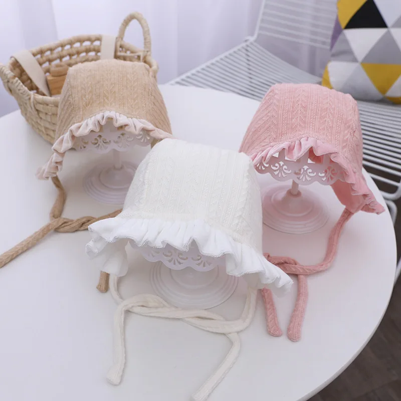 Lace Infant Hats Spring Girl Baby Bonnet Hat Solid Color Cotton Newborn Ear Protection Warm Cap