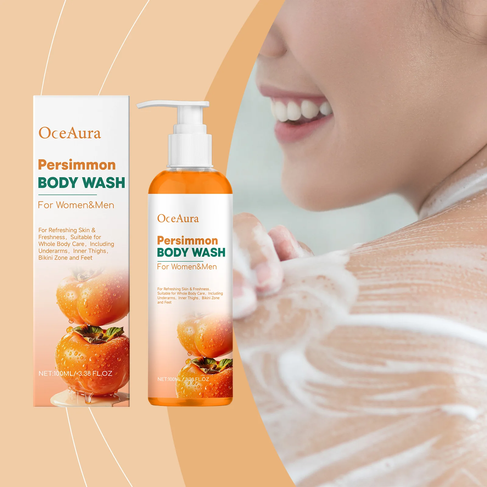 OceAura 100ml Persimmon Body Wash - Gentle Daily Cleanser Moisturizing Hydrating Shower Gel for Fresh Skin