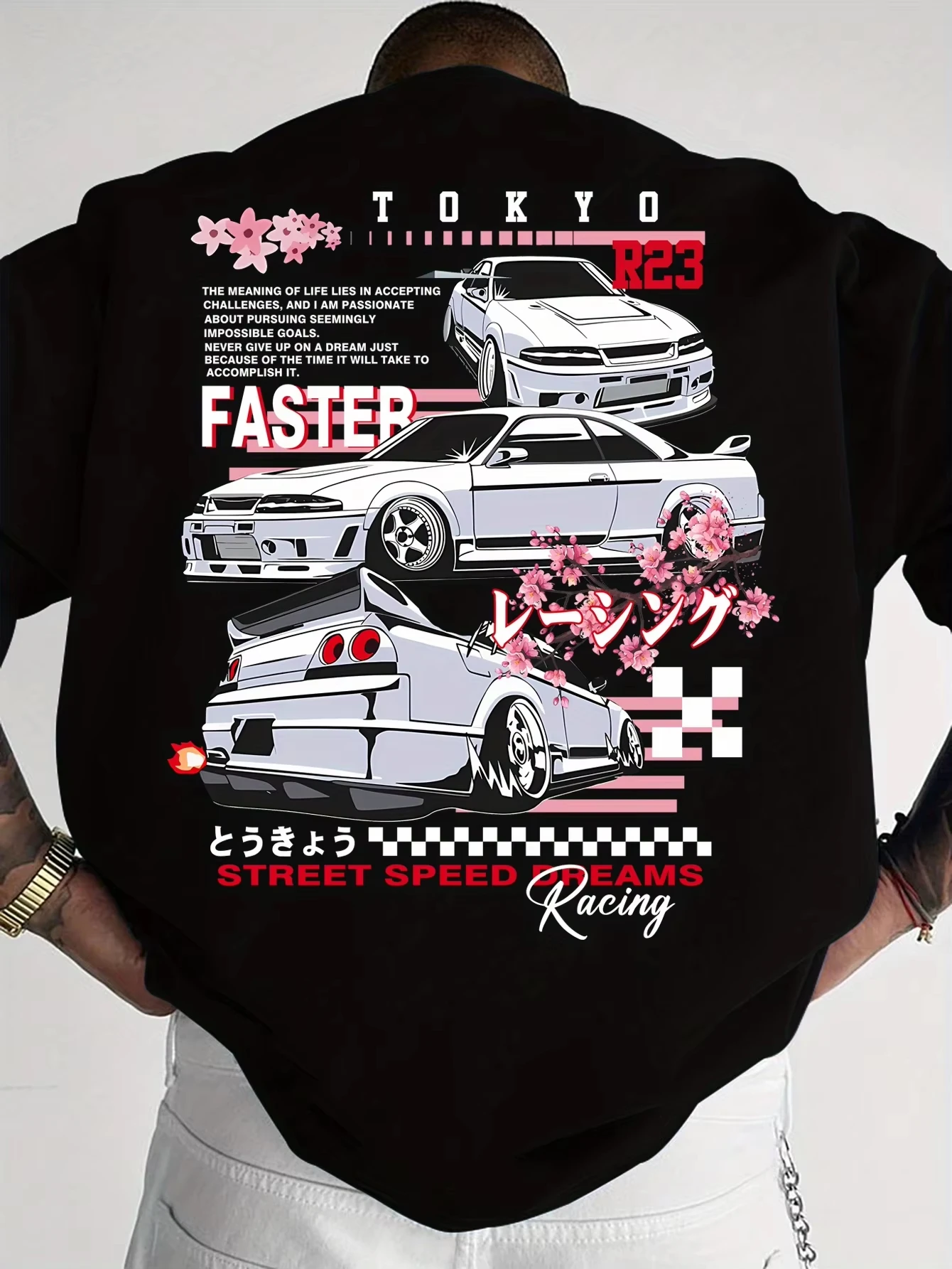 JDM Tokyo Racing Double‑Sided T‑Shirt Sakura Cherry Blossom Drift Car Graphic Unisex Oversized Black Streetwear Tee