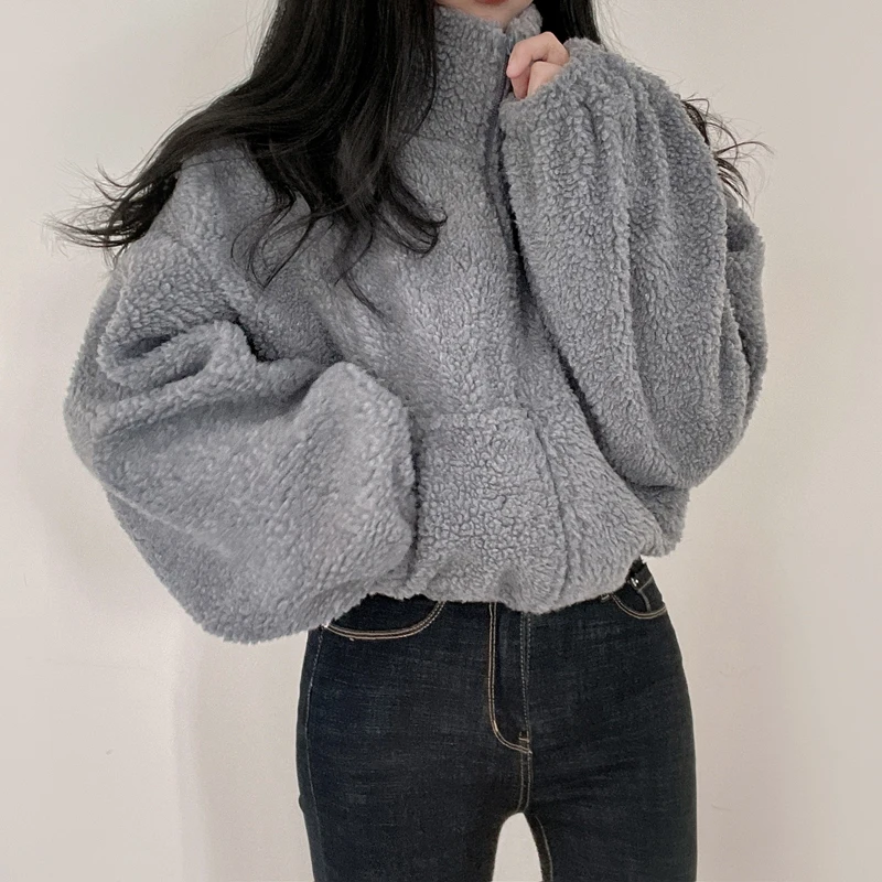 Zipper Faux Lamb Fleece Cardigan Stand Collar Short Jacket Loose Long Sleeve Women Autumn Winter Warm Coat New 가디건 Ropa Mujer