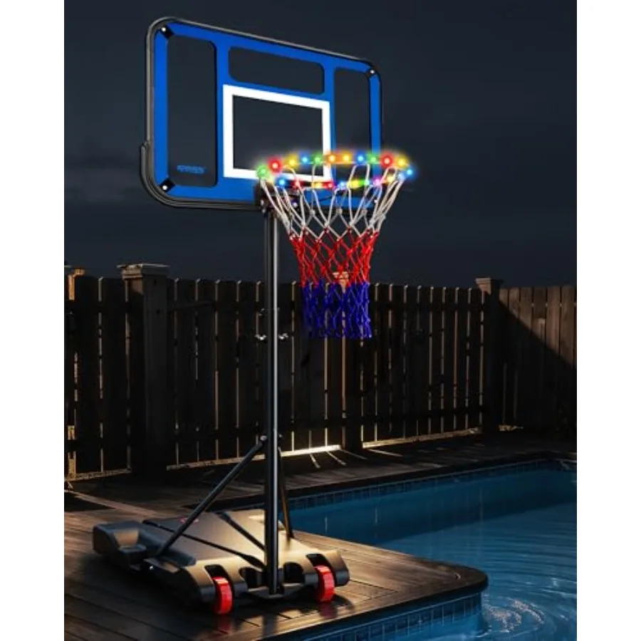 

Outdoor Indoor Basketball Hoop, PC Backboard, Black, 3.8FT-7FT Adjustable Portable LED Basketball Goal for Driveway Garage Pool