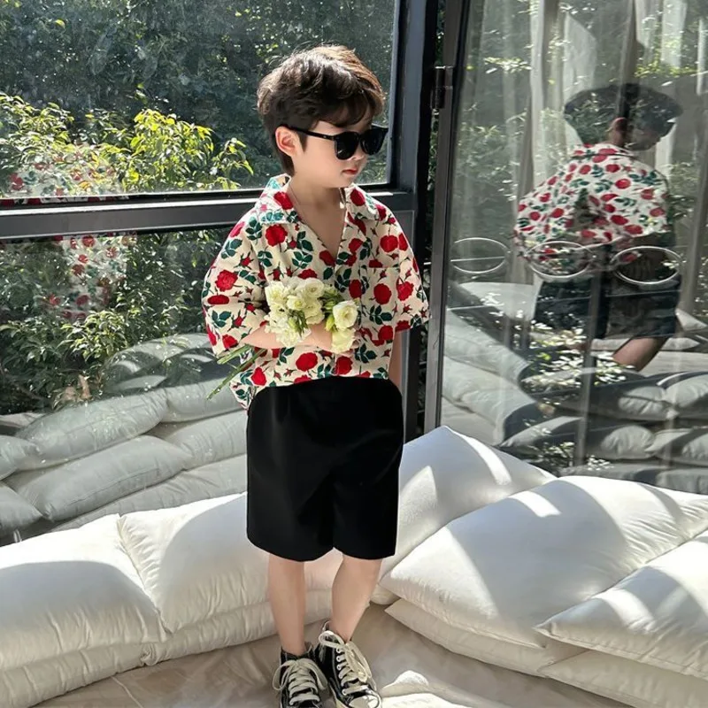 Boys' Shirt Shorts Two-piece Sets Summer Korea Style Street Handsome 2023 New Children's Travel Baby Fashion Port Flower Suits