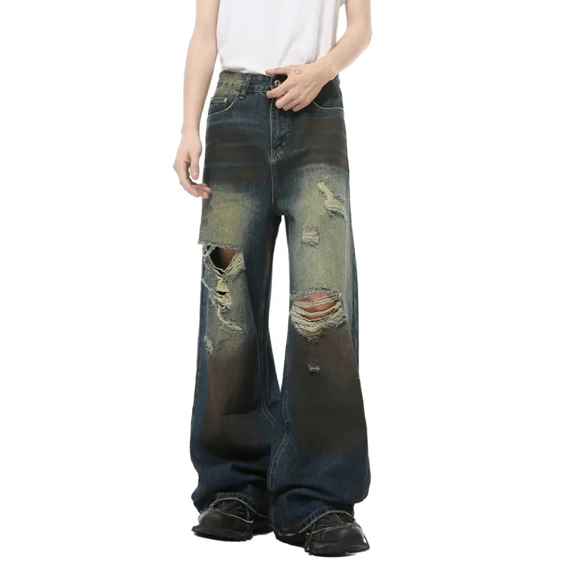 American Style High Street Men's Jeans Hole Washed Worn-out Solid Color Straight Loose Male Denim Pants 2024 Autumn