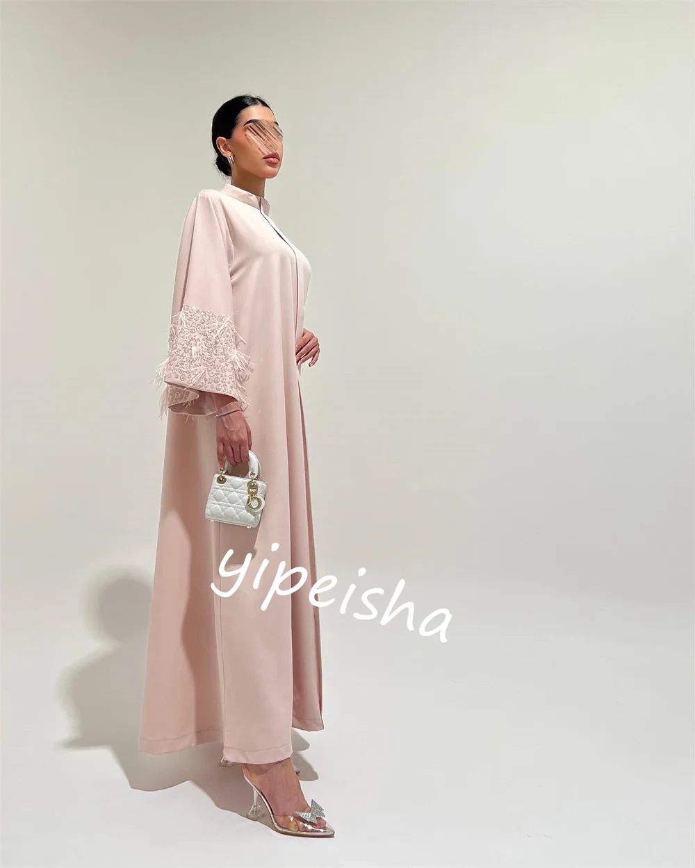 Jiayigong-Jersey con cuentas de plumas para mujer, vestido Midi de compromiso, línea A, cuello alto, a medida, para ocasiones, Arabia Saudita