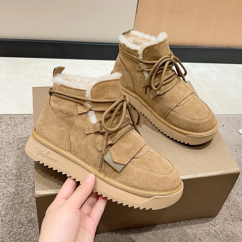 Winter Plush Women Snow Boots Non Slip Warm Women Boots Lace Up Mid Heel Platform Boots for Women Cow Suede Leather Ankle Boots