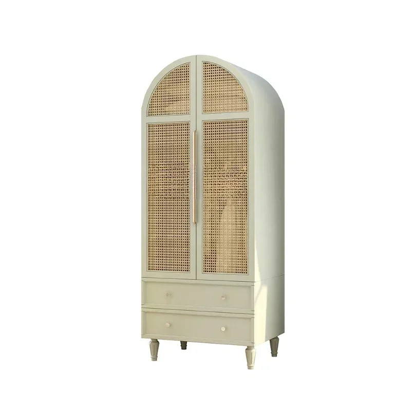 Self-Viewing Original Rattan Wardrobe Simple Solid Wood Bedroom Clothing Storage Cabinets Pastoral Style Double-Door Closet