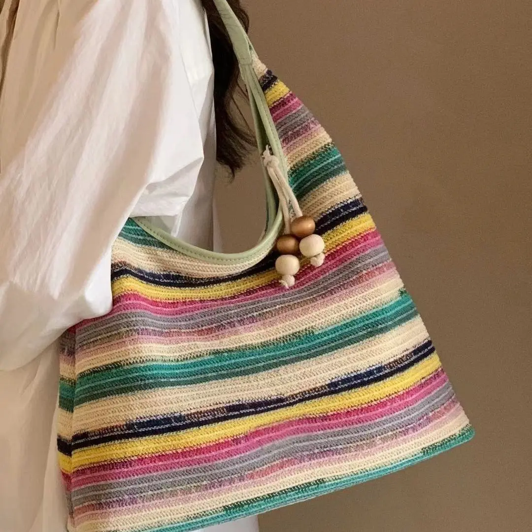 Grandes bolsas de palha listradas para mulheres, bolsas e bolsas de ombro, bolsa de axilas de praia, moda Y2K, verão, 2024