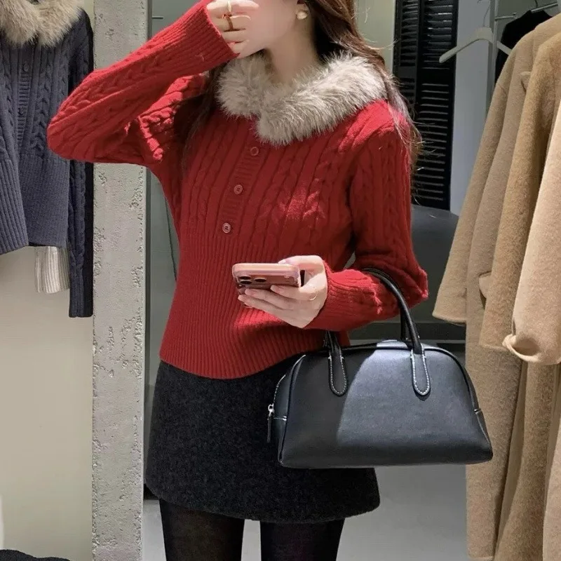 Women's 2026 Autumn Winter Korean Slim Long Sleeve Knit Sweater Detachable Faux Fur Collar Cable Warm Chic Coquette Trendy