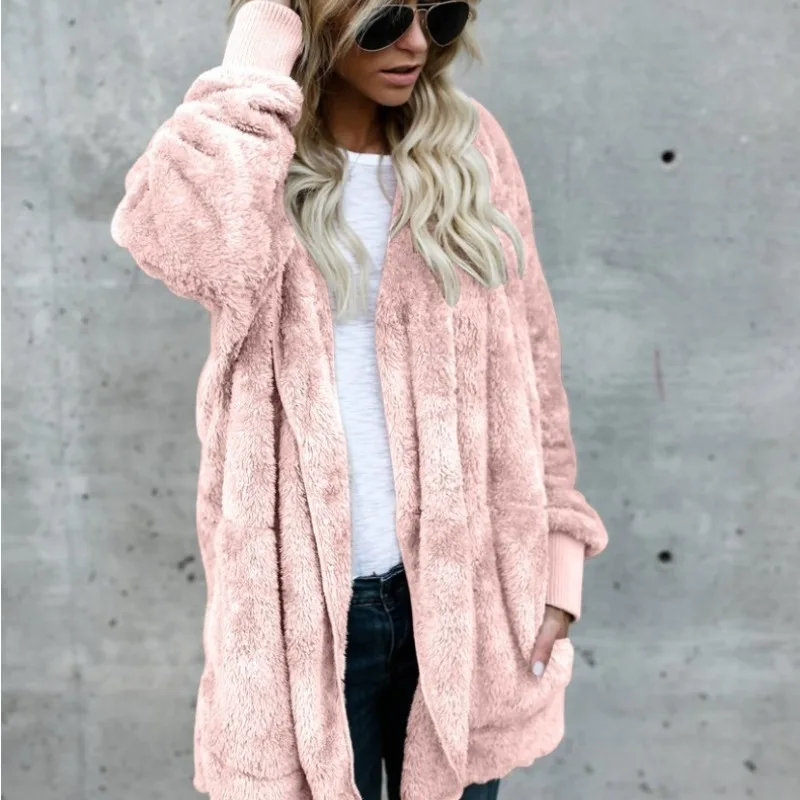 Women\'s Fashion Autumn Winter Plush Warm Coat Medium Long Double Sided Plush Tops Pockets Casual Elegant Loose Female Clothing