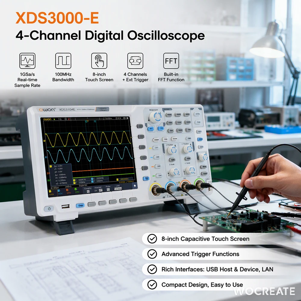 OWON XDS3000-E 4-kanaals digitale opslagoscilloscoop, 60/100/200 MHz, 1 GSa/s, 40M opslag, 8" touchscreen met I2C, SPI en RS232-decodering.