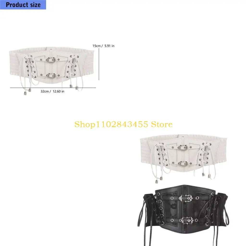 49MC Wide Waist Sash Faux Leather Waist Belt for Daily Outfit Styling, Elastic Cincher with Side Lacing for Dresses, Coats and