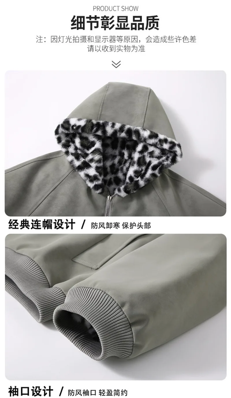 Women Double-sided Penetration Leopard Print Cotton Padded Jacket Winter Coat Parkas Velvet Warm Hooded Retro Female Outerwear
