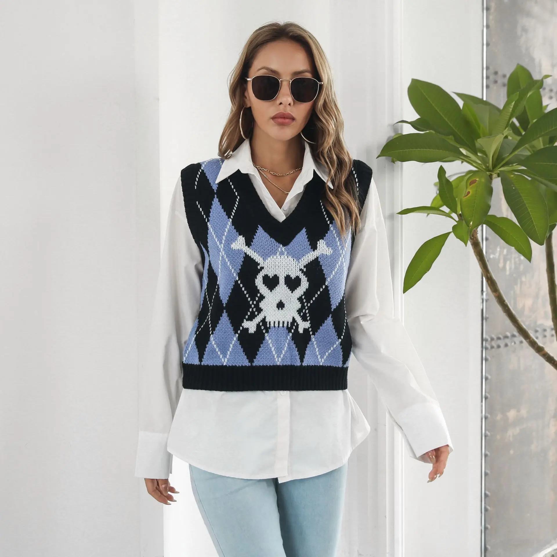Y2K Halloween skull jacquard rhombic vest sweater vest women's autumn and winter European and American sweaters new