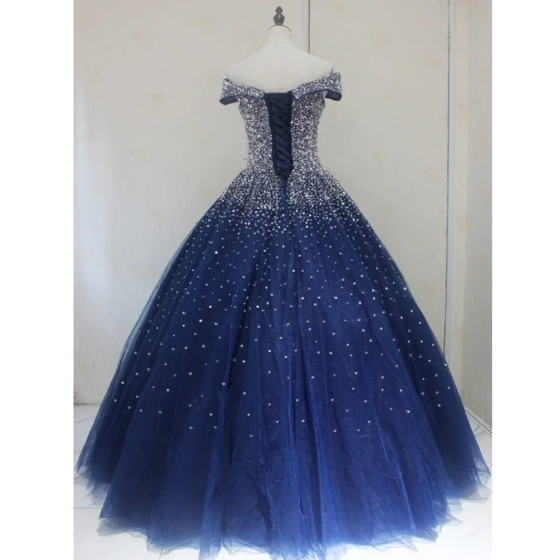 Iridescent Ball Gown Shiny Navy Blue Beading 15 Year Old Quinceanera Dress Sweet 16 Gowns Girls Lace Up Vestidos De Quinceañera