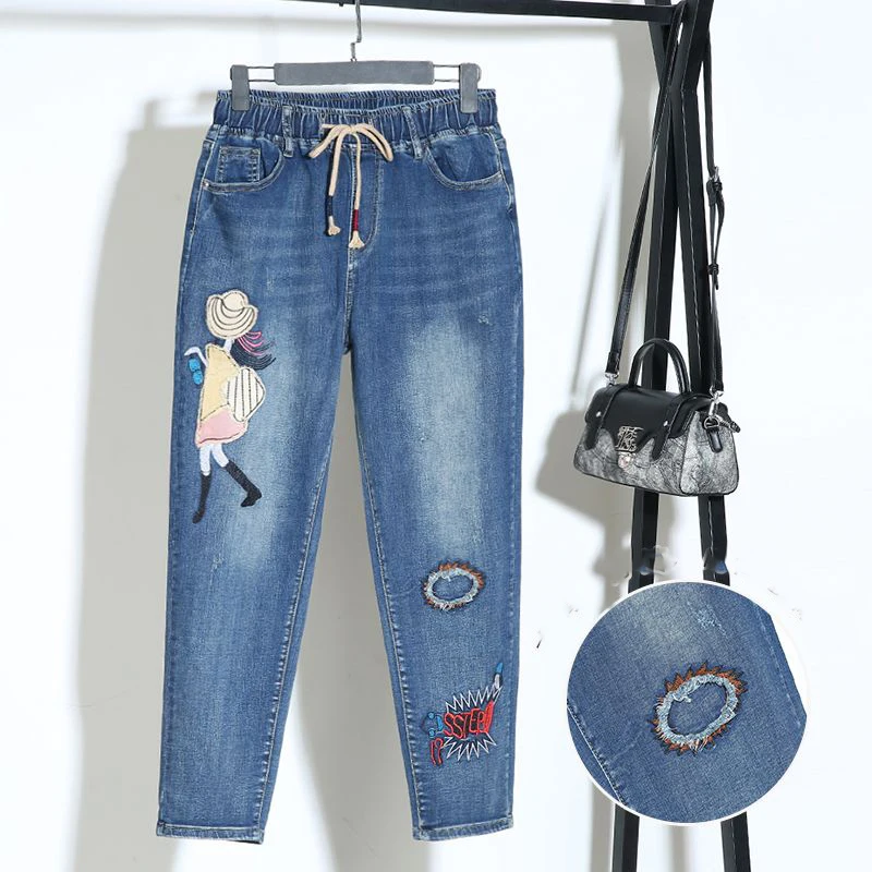 Spring and Summer New Elastic Waist Cartoon Embroidered Jeans Women Fashion Casual Versatile Haren Nine Cropped Pants