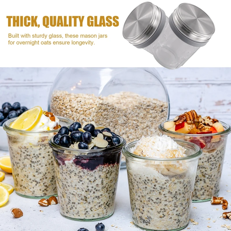 Mason Jars For Overnight Oats 4 Pack 350Ml Overnight Oats Jar With Spoons & Airtight Stainless Steel Lids Breakfast Pots