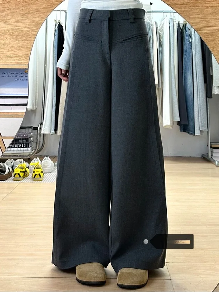 ハイウエスト ドレープ ワイドレッグパンツ レディース カジュアルパンツ 春 2025 通勤 スリット入り ストレートカット ルーズフィット