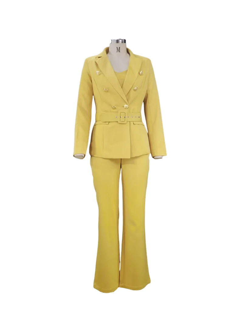 Long Sleeve Blazer Wide Leg Flare Belt Jumpsuit Suit Office Lady Two Piece Set INS Outfits Elegant Women Set