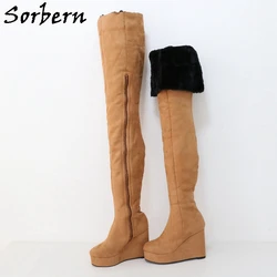 Sorbern 97cm Long Brown Crotch Thigh High Boots Unisex Thick Fake Fur Wedges High Heel Platform Shoes Fetish Unisex