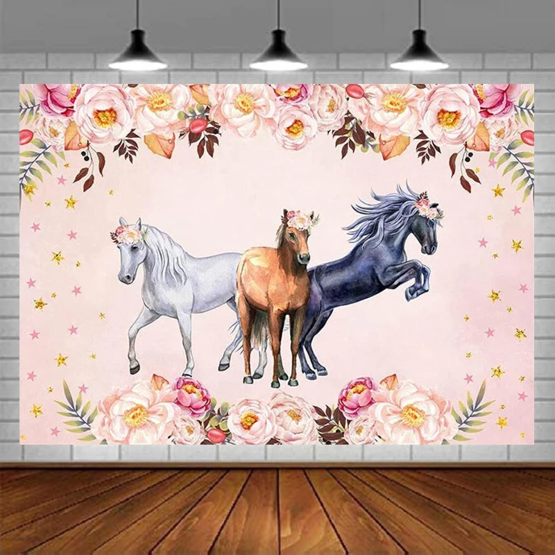 Horse Photography Backdrop Birthday Party Decorations For Cowgirl Baby Shower Pink Floral Flower Little Star Supplies Background