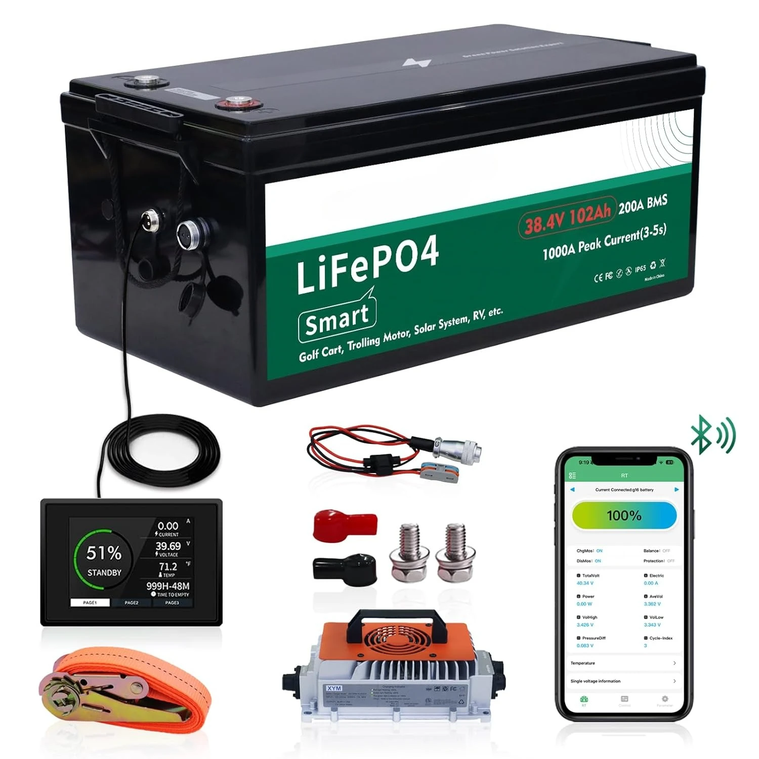 

36V Lithium Golf Cart Battery Kit 200A BMS 1000A Peak Touch Monitor 12V DC 4000+ Cycles 102AH Charger Included Custom