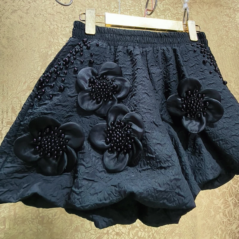 Fairy 3D Flowers Pearls Beaded Lantern Shorts Wide Legs Bubble Short Pants Flower Bud  Elastic Floral Embroidery Short Trousers