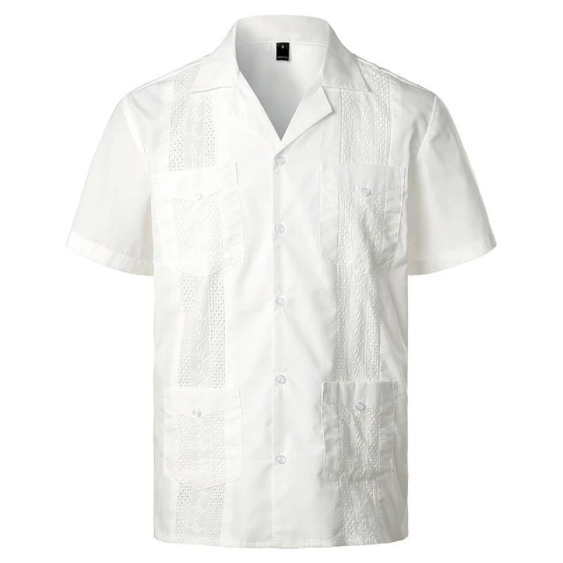 Men\'s Traditional Cuban Camp Collar Guayabera Shirts Short Sleeve Embroidered Mexican Caribbean Style Beach Shirts with 4 Pocket